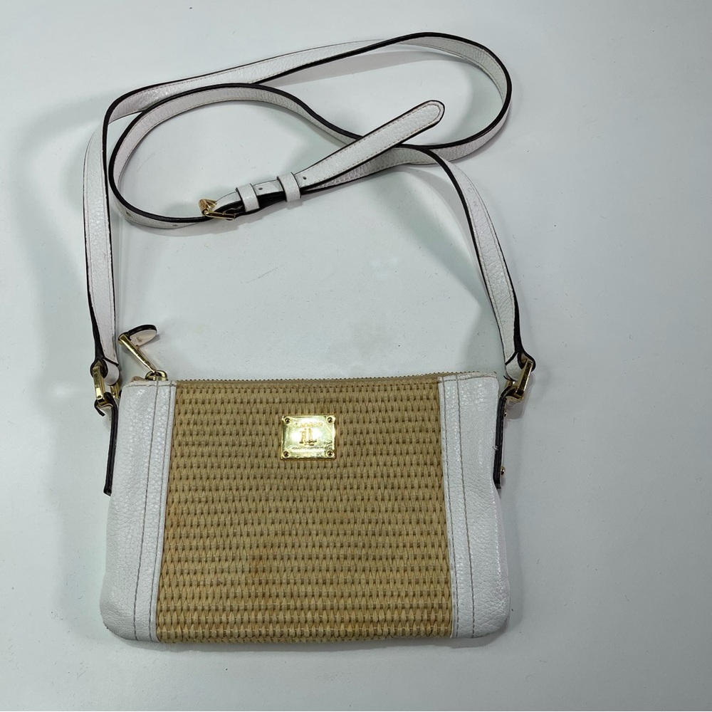 Lauren Ralph Lauren RLL Woven Straw White Leather Trim Crossbody Bag Preppy